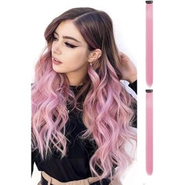 Clip In Colorful Long Hair Extension Hair Highlights Hair Streaks (Pink - Straight - 2 PCS)