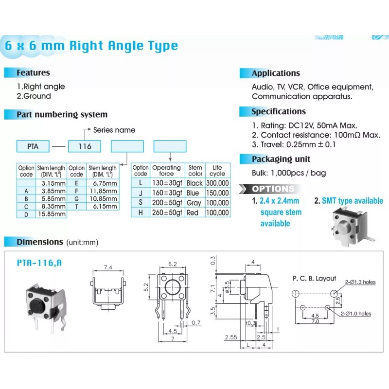 Pacer 5 X Momentary Pushbutton Micro Switches - Right Angle