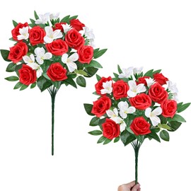 2 Bouquet Artificial Flowers for Outdoors Summer Cemetery Decor, 20 Heads Fake Roses 28 Heads Artifical Lily UV Resistant, 17 Inch Fake Silk Faux Flowers for Home Mother's Day Outside Grave Decoration