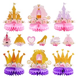12 PCS Princess Party Honeycomb Centerpieces Decorations, Pink and Gold Party Table Topper Centerpieces for Girls Birthday Christmas Party (Princess Set)