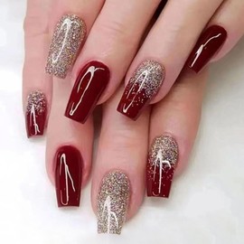 Medium Press on Nails Coffin Fake Nails with Glitter Designs Red Nails Press ons Glossy Glue on Nails Cute Acrylic Nails Winter False Nails Artificial Stick on Nails for Women 24Pcs