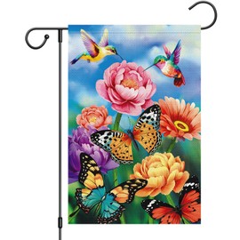 Heyfibro Spring Flower Welcome Garden Flag 12x18 Double Sided Burlap, Hummingbird Butterfly Floral Garden Yard Flags for Spring Summer Rustic Seasonal Outside Outdoor House Decoration (ONLY FLAG)