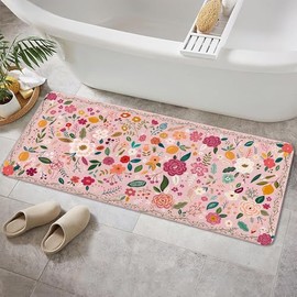 Pink Floral Bath Rugs, Non Slip Washable Boho Flower Bath Mats Rugs for Bathroom Floor Soft Bathroom Carpet, 16X24IN