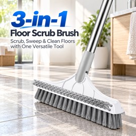 3-in-1 Floor Scrub Brush with Extra-Stiff Bristles – 40.55" Long Handle for Bathroom, Tile & Household Floor Cleaning