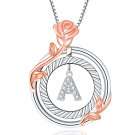 RIVIKO 925 Sterling Silver Initial Necklace for Women, Dainty Rose Circle Initial A Letter Pendant Necklace Jewelry Valentines Graduation Gifts for Her Mom Wife Girlfriend Birthday Anniversary