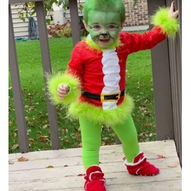 Qiylii Kids Baby Grin ch Christmas Costumes Green Furry Santa Claus Outfit Plush Tops and Pants 2PC Xmas Cosplay Clothes (Green, 3-4T)