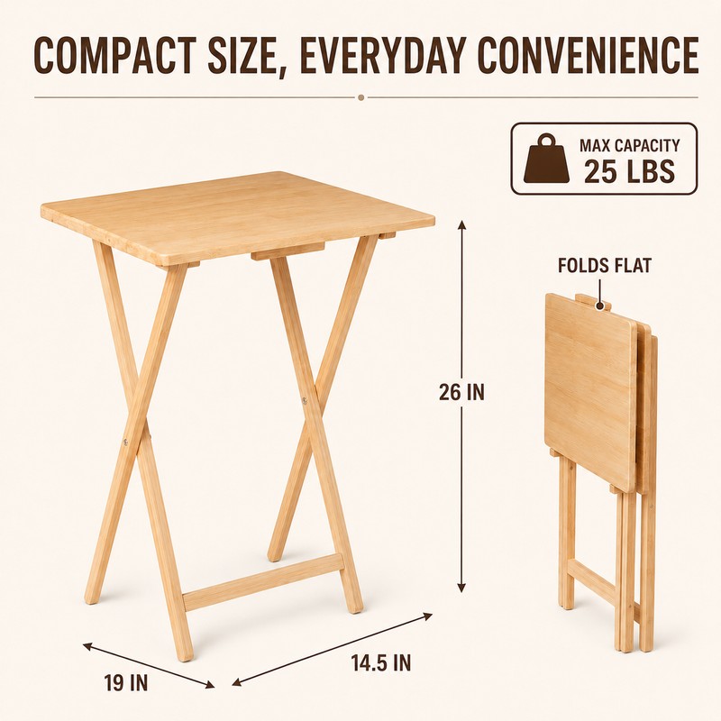 Natural Folding Rubberwood TV Tray Table - Space-Saving Snack &