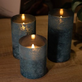 Blue Flameless Candles Set of 3, Sandblasted Glass LED Pillar Candles with Remote, Battery Operated Flickering Candles for Coastal Home Decor, Party Bathroom Holiday Birthday Wedding Decoration