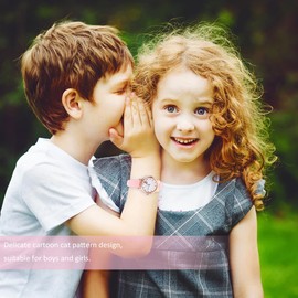 Hemobllo Kids Watche for Girl, Children Cute Cat Pattern Girls Watch Simple Casual Leather Watches (Pink)