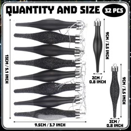 Halloscume 32 Pcs 3.5 Inch Black Finial Christmas Ornaments Vintage Glitter Matte Shatterproof Plastic Retro Hanging Christmas Finials Ornaments for Xmas Tree Party Holiday