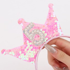 BAHABY Birthday Crown Headband Pink Glitter Birthday Headbands for Girls 5 Year Old Girl Gift 5th Birthday Decorations Girl