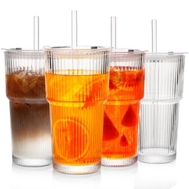 LUXULISH 20Oz Ribbed Glass Tumblers with Lids and Straws, Vintage Glass Cups Thickened Drinking Glasses Set of 4, Ideal for Iced Coffee, Smoothies, Cocktails, Matcha and Juices