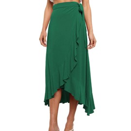 EMOTTOS One-Piece Lace-up Long Skirt, Bohemia High Waisted Wrap Midi Skirts for Women, Boho A-Line Irregular Design Ruffle Split Hem Flowy Skirt for Ladies, Green, M
