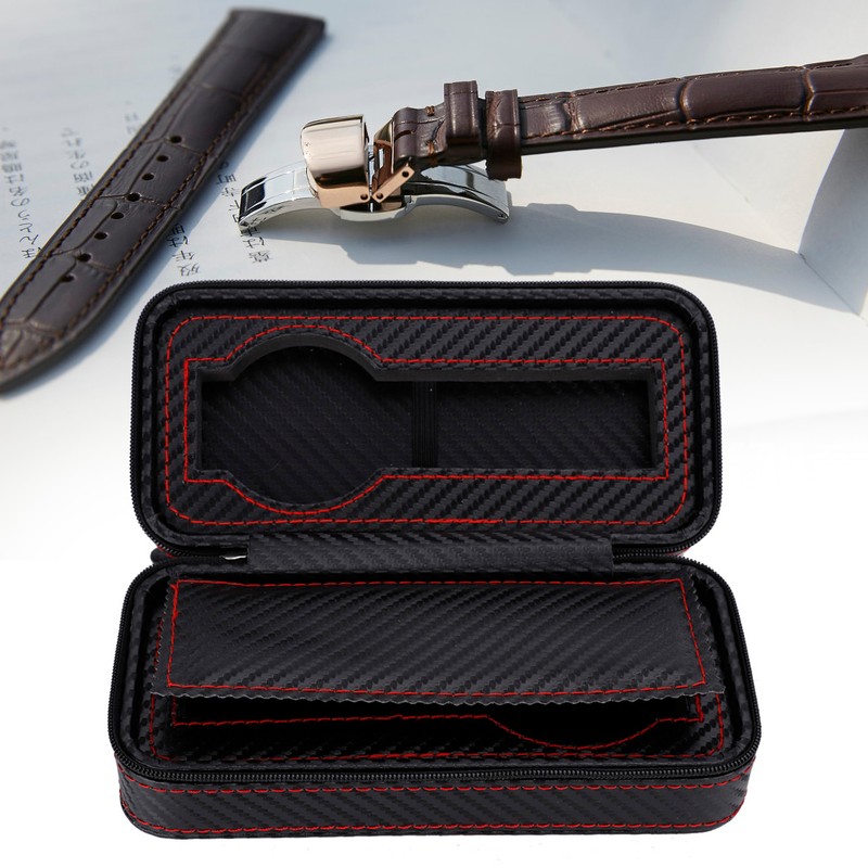 Portable 2Slots Carbon Fiber Leather Watch Storage Box Case Wristwatch
