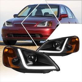 LED DRL Projector Headlights Assembly Compatible with 01-03 Honda Civic Coupe/Sedan,Black Housing/Amber Corner
