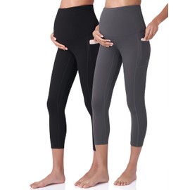 POSHDIVAH 2Pcs Women's Maternity Capri Leggings Over The Belly Pregnancy Workout Active Stretchy Pants with Pockets Black Gray Small