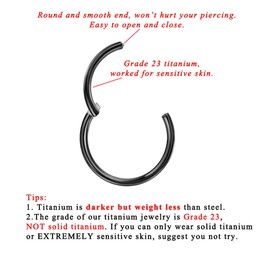 FANSING G23 Titanium Septum Jewelry 16g Nose Ring Black Nose Hoops 16 Gauge Lip Rings Seamless Septum Clicker 8mm Septum Ring Cartilage Earring Helix Earring Rook Earrings Nose Rings Women