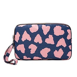Fun PVC Canvas Wallet Purse Pouch Triple Zip w/Wrist Strap Wristlet Clutch Bag Xmas Bday Gift (Navy Dusty Pink Hearts)