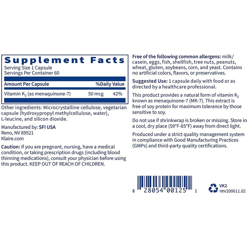 Klaire Labs Vitamin K2-50 Micrograms as Menaquinone-7 MK-7, No Soy,
