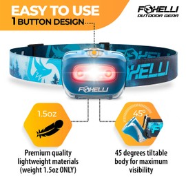 Foxelli LED Headlamp Flashlight for Adults & Kids, Running, Camping, Hiking Head Lamp with White & Red Light, Comfortable Headband, Lightweight & Waterproof, 3 AAA Batteries