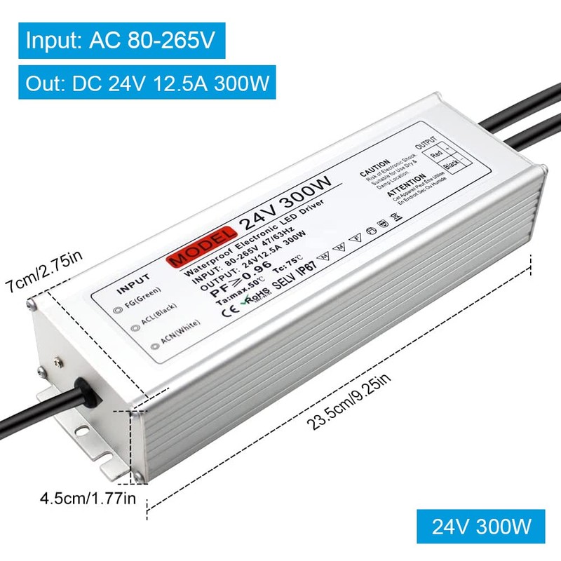 24V 300W IP67 Waterproof Outdoor Power Supply, AC 100-265V to