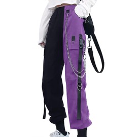 Kisswow Patchwork Pants Black and Purple High Waisted Cargo Pants Women Baggy Punk Streetwear Street Style Fashion for Women