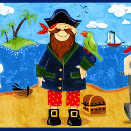 Concord Wallcoverings Wallpaper Border Kids Pattern Painted Pirates Kids Sea Sand for Kid's Bedroom Playroom, Blue Brown White Green Red, 15 Feet by 9 Inches BG1730BD