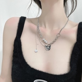 EXFEA Sweet Cool Kuromi Reflective Beads Multilayer Necklace Titanium Steel Does Not Fade Y2K Millennial Hot Girl Hip Hop Clavicle Chain