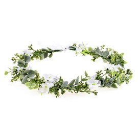 Eucalyptus Leaf Flower Crown Bohemian Bridal Flower Crown Headband Floral Hair Wreath with Sill Ribbon Wedding Boho Headpiece for Women Girls Festival Photo Prop
