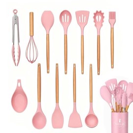 IMLUCKY 13 Piezas Utensilios de Cocina de Silicona con Mango de Madera - Juego de Utensilios de Cocina Soporte de Plástico/Turner/Batidor/Cuchara/Cepillo/Espátula/Cucharón/Pinzas (Rosa)