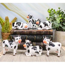 Ebros Set of 6 Whimsical Cute Bovine Holstein Cows in Multiple Poses Figurines Cattle Cow Animal Collectibles Countryside Farm Meadows Pasture Cow Statues
