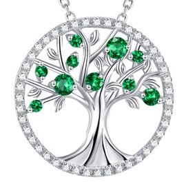 Birthday Gifts Mom Wife May Birthstone Jewelry Women Green Emerald Necklace Tree of Life Jewelry for Her Sterling Silver