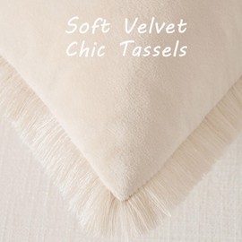 FUTEI Beige Boho Throw Pillow Covers with Tassels 26x26 Inch Set of 2,Soft Velvet Decorative Euro Pillow Shams,Home Decor for Couch Bed Living Room