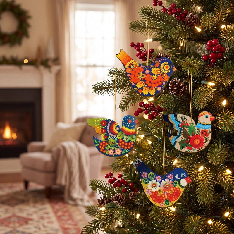 Arrowbash 16 Pcs Christmas Floral Bird Ornament Wooden Flat Ukrainian