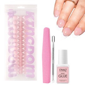120Pcs French Tip False Nails, Short Almond Press On White Tips, Reusable Acrylic Full Cover Pink Fake Nails Set for Women Nail Art Decorations