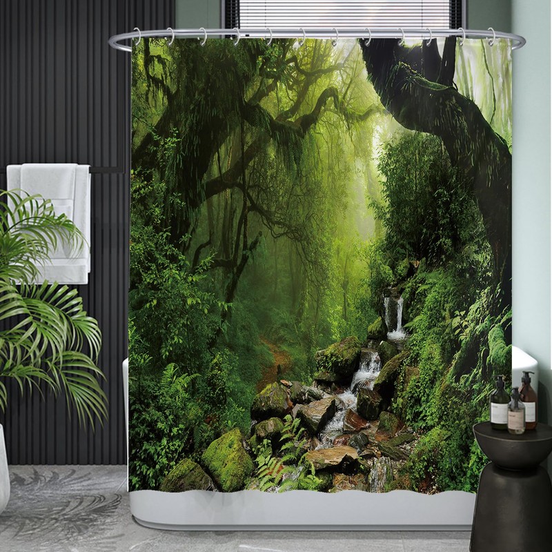 Ulticool Shower Curtain - Rainforest Nature Eco Plants Waterfall -