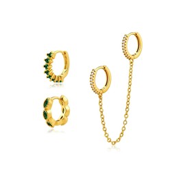 Watforsh 3 Pairs Green and Gold Hoop Earrings for Women Emerald Huggie Hoop and Gold Double Piercing Chain Earrings Set for Birthstone Jewelry