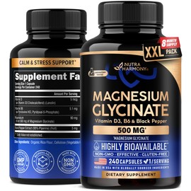 NUTRAHARMONY Magnesium Glycinate 500 mg - Chelated Supplement - 98% High Absorption - Support for Sleep, Muscle & Heart Health - Made in USA, Lab Tested & Non-GMO - 240 Capsules