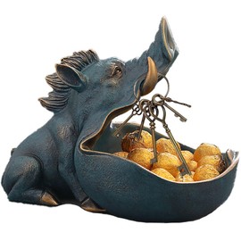 CUZOKOLA Wild Boar Staute Home Resin Pig Figurine Fun Unique Candy Dish,Candy Bowl,Key Bowl for Entryway Table Art Decoration with Big Mouth Animal Sculpture Sundries Storage Holder Box(Dark Blue)