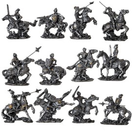 Set of 12 Medieval Armored Cavalry Horse Knights in Suit of Armor Figurines
