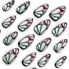 Nail Apparel Y2K Cute Almond Press on Nails 3D Charms Glitter Rhinestone Heart Pearl Bow Medium Almond Fake Nails 24Pcs (Pink Green Pearlescent Powder Gradient Butterfly Short Almond, Free Size)