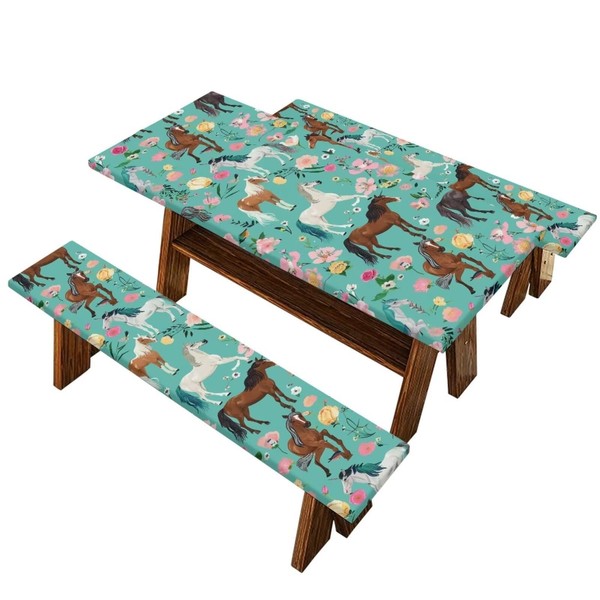 Wiryuouvt Horses Picnic Table Cover Elastic Crushed Flowers Picnic Table