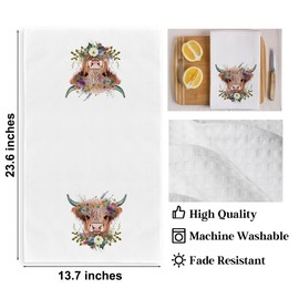 XFN 2Pcs Vintage Watercolor Highland Cow Kitchen Towels 24x14 Inch, Rustic Cow Wildflower Wreath Waffle Hand Towels for Kitchen Home Farmhouse, Absorbent Microfiber Dish Cloth Tea Towel