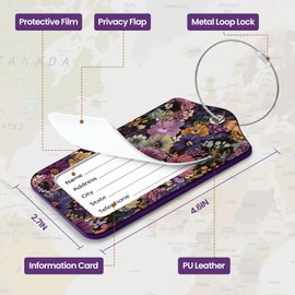 Luggage Tags, Privacy Cover ID Label with Stainless Steel Loop and Address Card for Travel Bag Suitcase - Violet