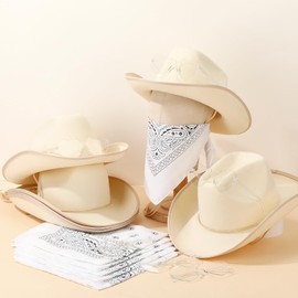 Coume 18 Pcs Cowboy Hat with Heart Sunglasses and Paisley Bandanas Western Cowgirl Hat for Wedding Cosplay Costume Adults(Beige,Simple Style)