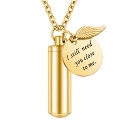 Dletay Cylinder Cremation Jewelry Urn Necklace for Ashes Memorial Ashes Necklace with Angel Wing Charm Memorial Keepsake for Pet Human-I Still Need You Close to Me, Stainless Steel, stainless steel
