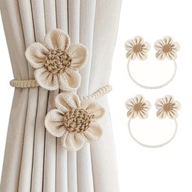 2pcs Curtain Tiebacks Floral No-Punch Twist Curtain Tiebacks,Cute Curtain Holder Ties Flower Curtain Buckles Curtain Decorative Tiebacks Home Decoration (Beige)