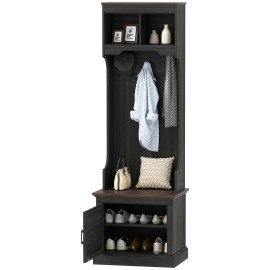 3-in-1 Hall Tree with Shoe Storage, Coat Rack with Bench, Entryway Furniture with Five Hooks, Black Wood Graincolor: Black Color