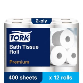 Tork Bath Tissue Roll Premium 2-ply For everyday use at home Extra soft toilet paper 4.1x4", 400 sheets/roll, 12 rolls/poly pack, 4 packs/case