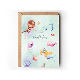 Mermaid Birthday Card for Children, Magical Underwater Greeting Card DIN A6 for Girls, Greeting Card Pastel Mermaid Sea Creature Watercolour Children's Birthday Party (1 Folding Card with Envelope)